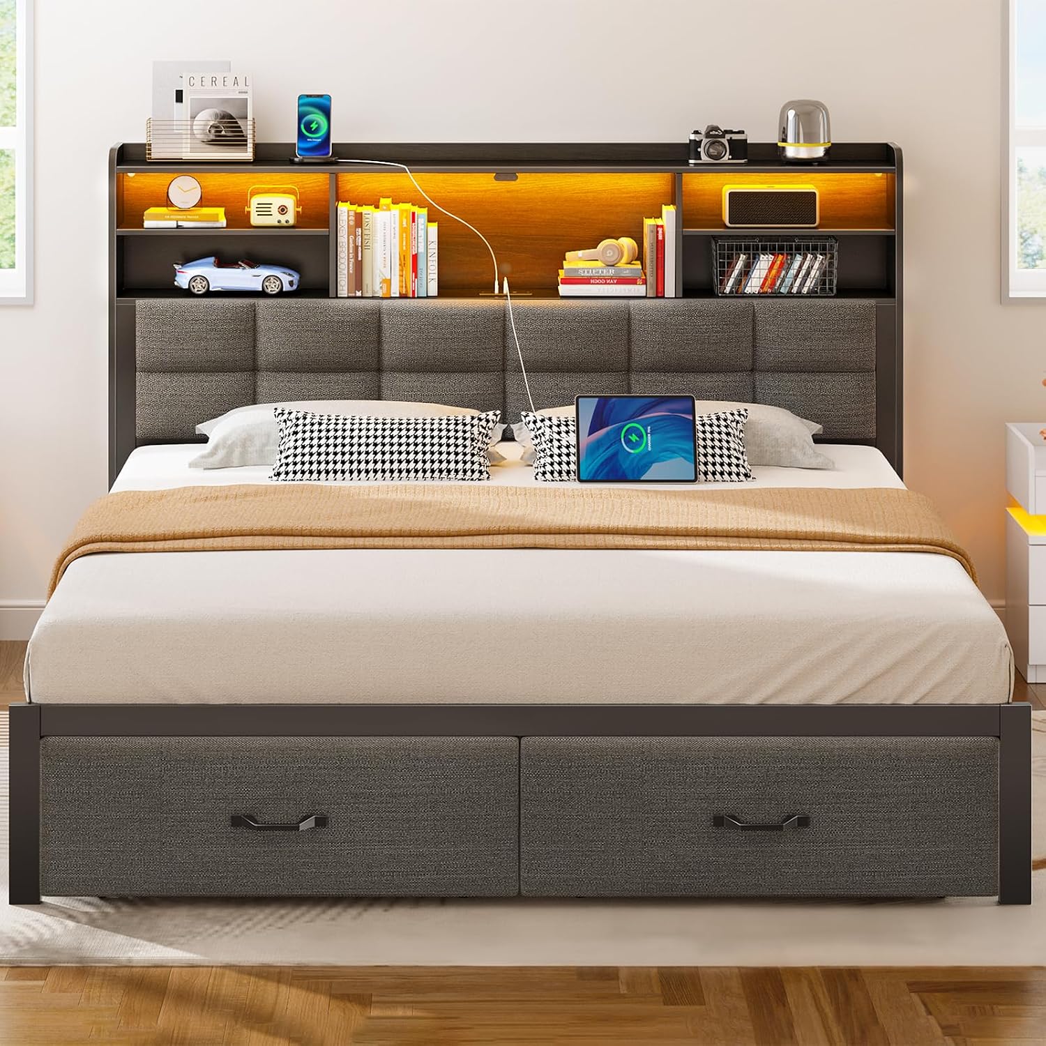 Rolanstar Bed Frame Full Size with Drawers and Charging Station, Upholstered Platform Bed with Storage Headboard and LED Light, Heavy Duty Metal Frame Support, No Box Spring Needed, Noise Free, Grey