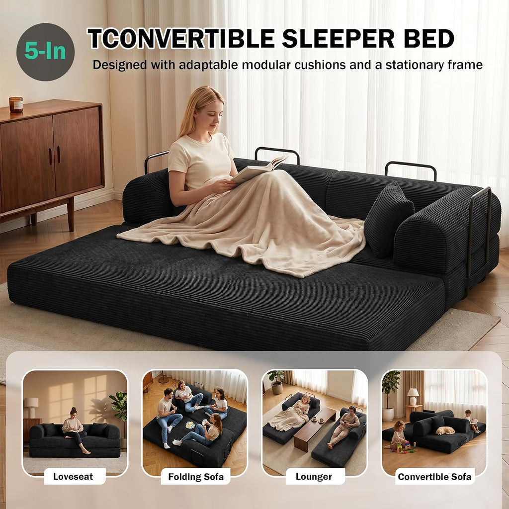 79'' Convertible Sofa Bed, 5-in-1 Folding Sleeper Couch with Pull Out Bed, Corduroy Modular Floor Sofa for Living Room Apartment Dorm, No Assembly Space Saver (Black)