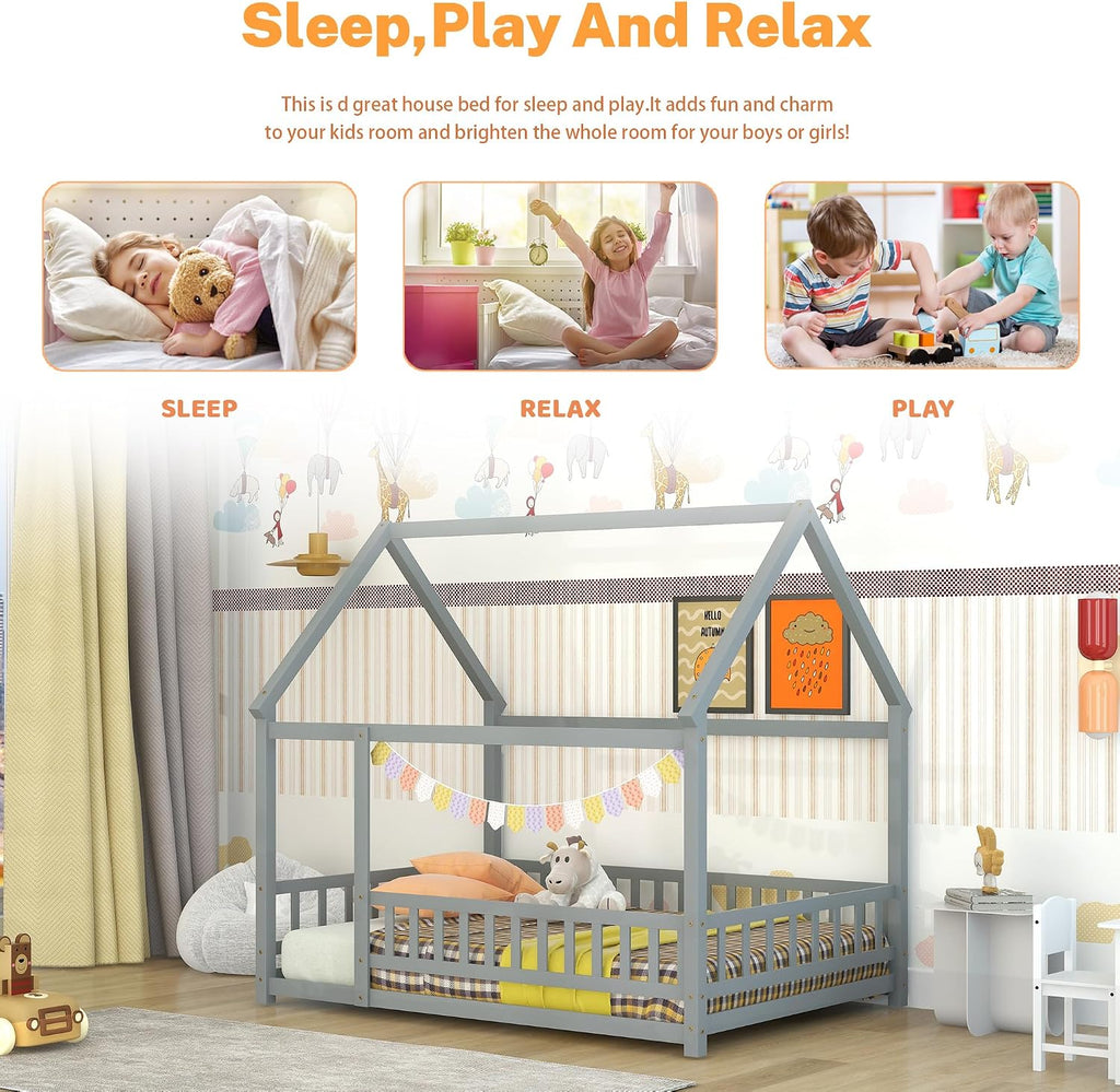 Bellemave Full Size House Floor Bed,Wooden Montessori Bed with Fence and Roof for Kids,Playhouse Full Bed Frame for Girls,Boys(Full,Gray)