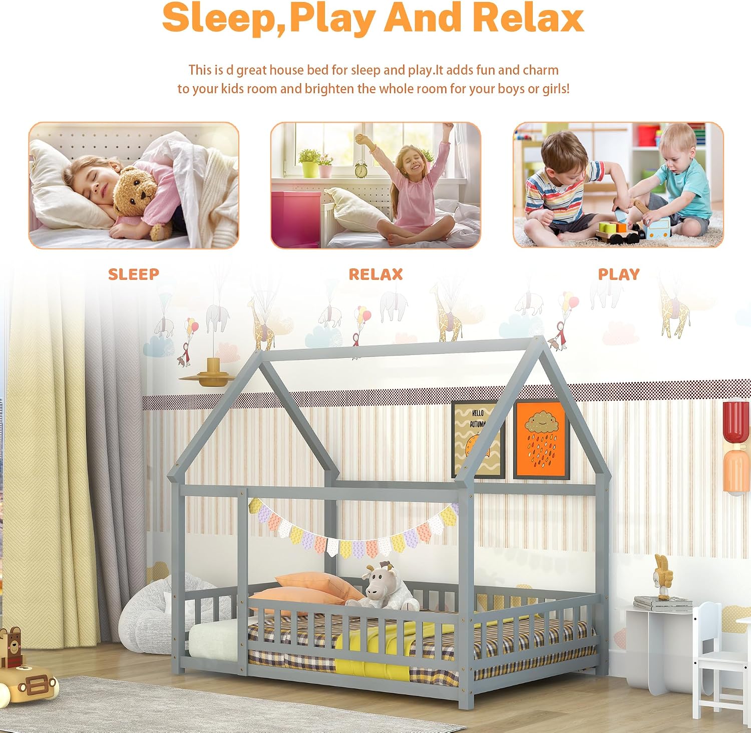 Bellemave Full Size House Floor Bed,Wooden Montessori Bed with Fence and Roof for Kids,Playhouse Full Bed Frame for Girls,Boys(Full,Gray)