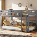 Low Bunk Bed Twin Over Twin for Kids, Wood Floor Bunk Beds with Bookshelf & Ladder, Low Profile Bunked with Full Guardrails for Kids, Juniors, Boys, Girls, Bedroom, Gray