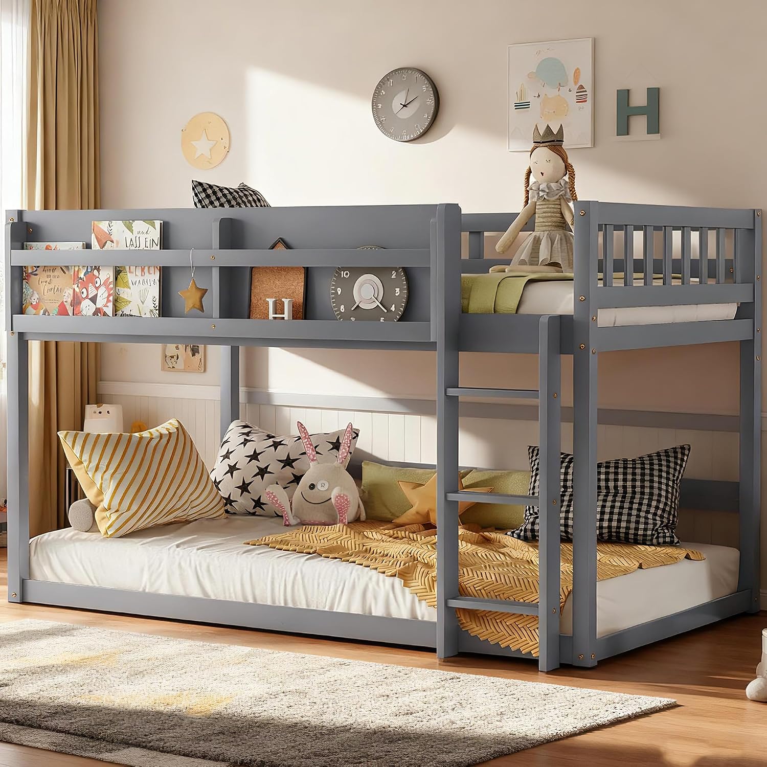 Low Bunk Bed Twin Over Twin for Kids, Wood Floor Bunk Beds with Bookshelf & Ladder, Low Profile Bunked with Full Guardrails for Kids, Juniors, Boys, Girls, Bedroom, Gray