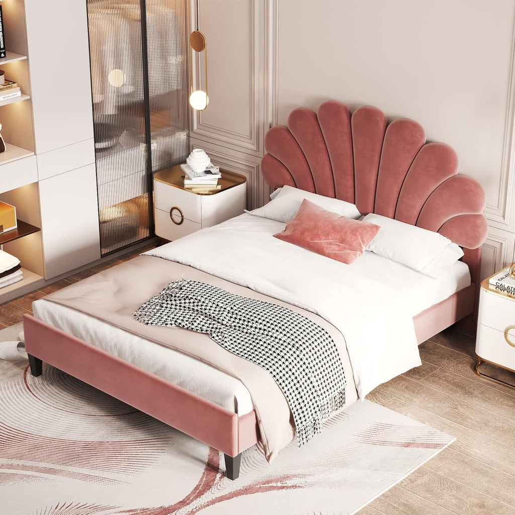 Merax Full Size Upholstered Platform Bed Wooden Frame with Flower Pattern Velvet Headboard for Bedroom,Boys Girls,Bean Paste Red