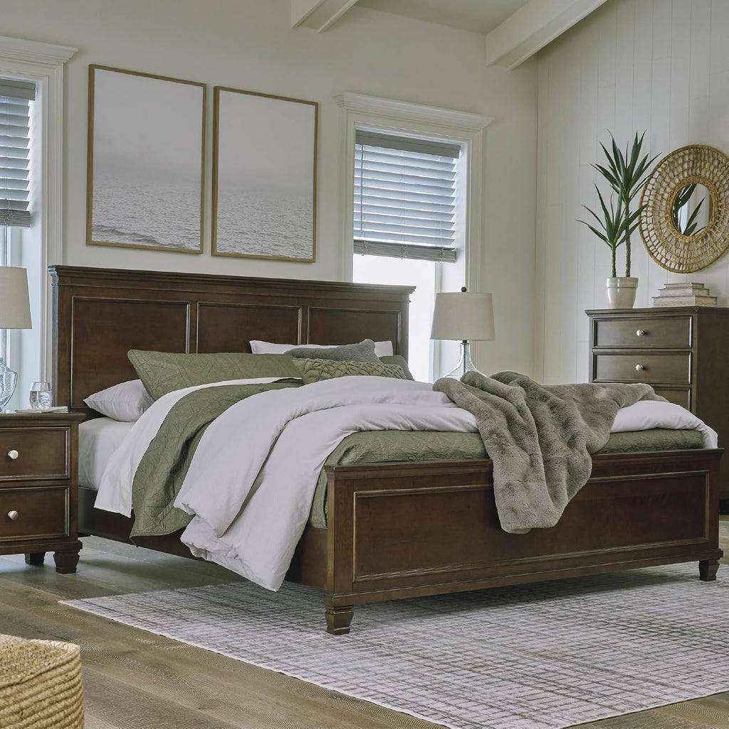 Signature Design by Ashley Danabrin Traditional King Panel Bed with Tapered Feet, Foundation or Box Spring Needed, Dark Brown