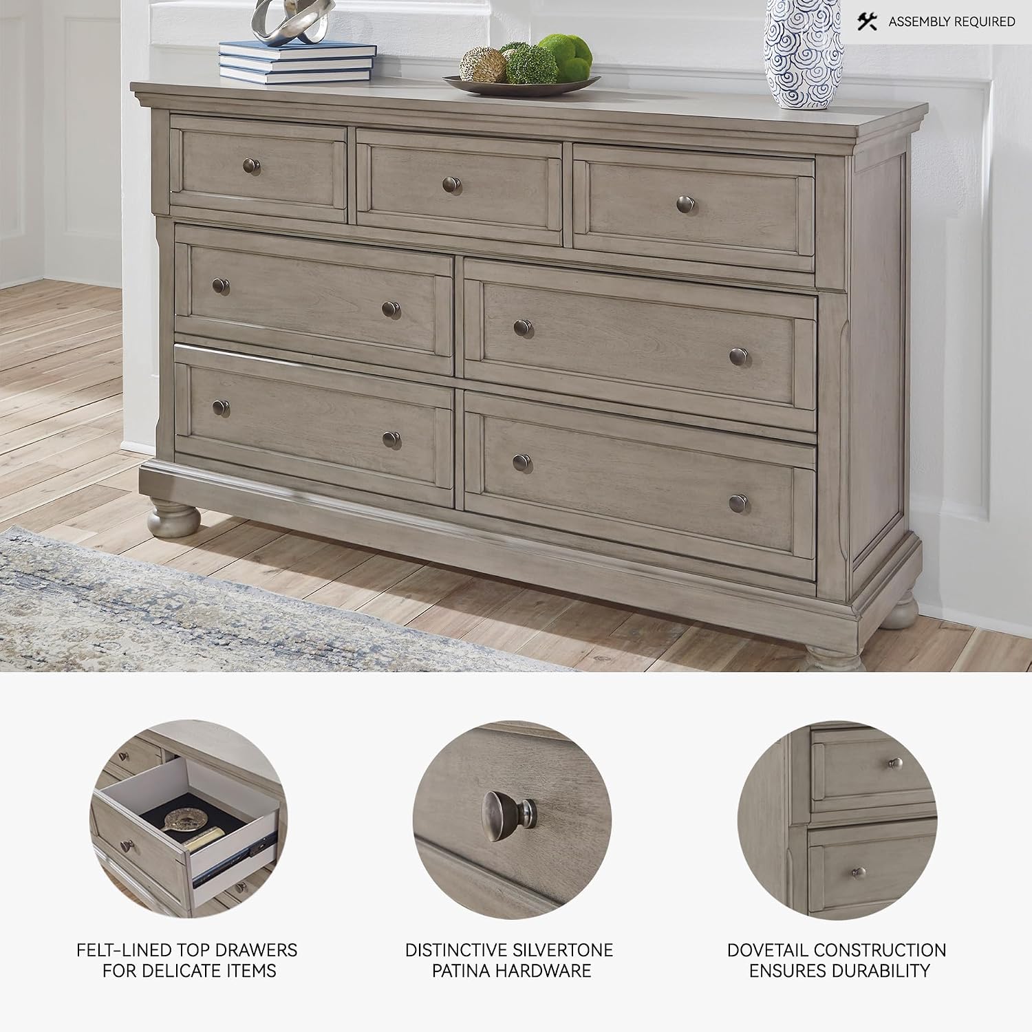 Signature Design by Ashley Lettner Modern Traditional 7 Drawer Dresser, Light Gray