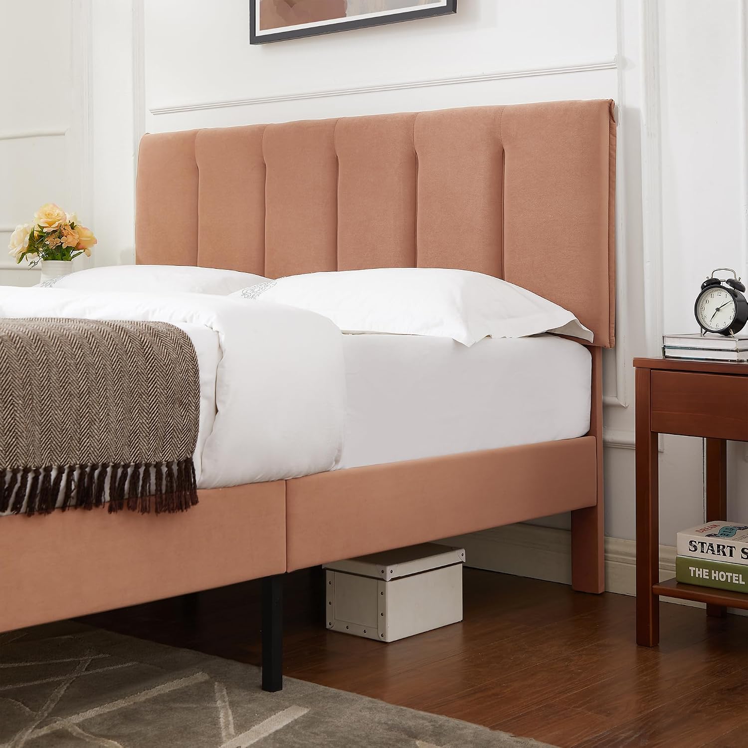VECELO Full Size Bed Frame with Upholstered Headboard, Heavy-Duty Bedframe with Wooden Slats & Steel Framework, Easy Assembly, Coffee