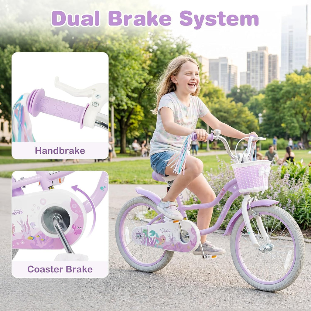 Olakids Kids Bike, 12 14 16 18 20 Inch Mermaid Theme Girls Bicycle with Training Wheels Basket Adjustable Seat and Handlebar Dual Brake