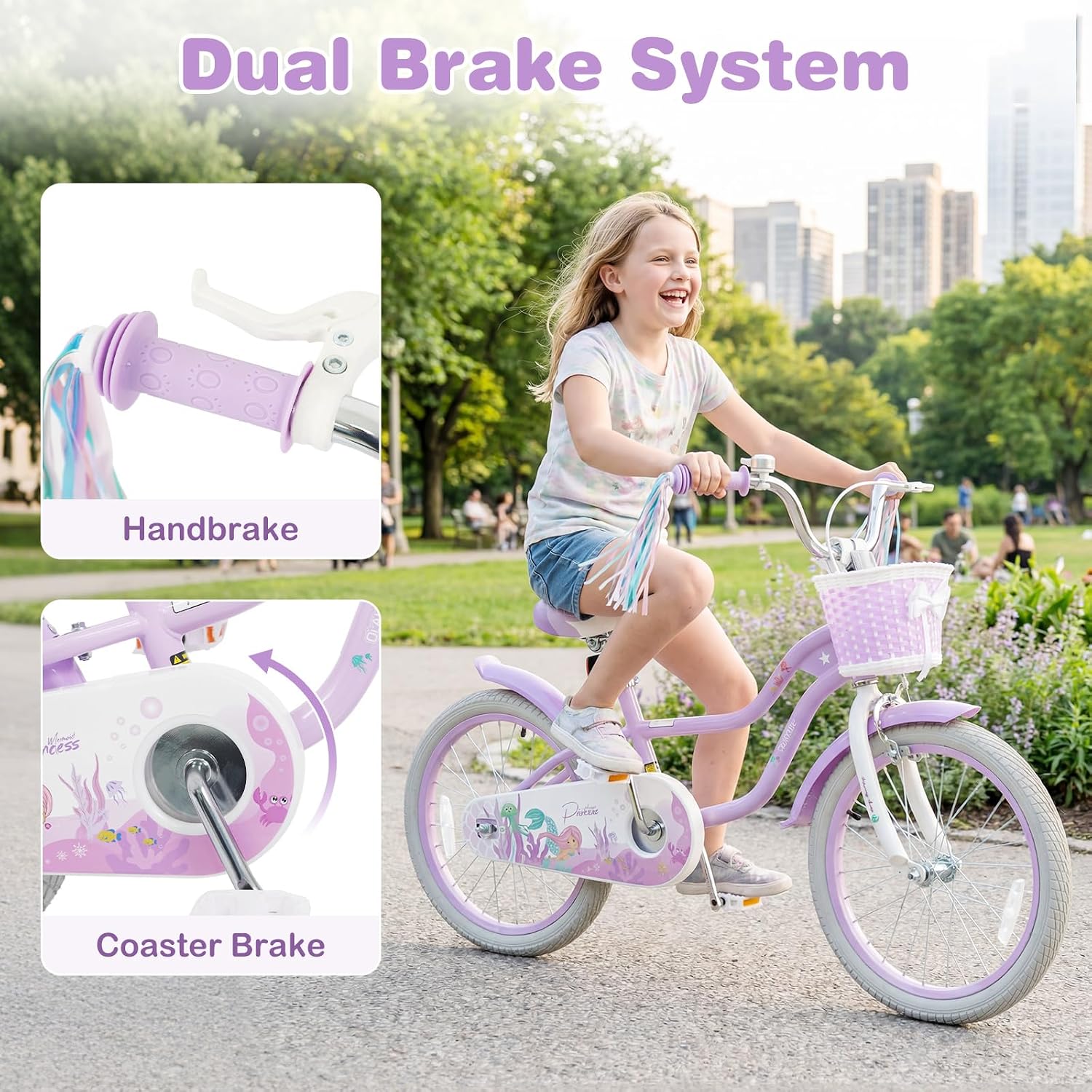 Olakids Kids Bike, 12 14 16 18 20 Inch Mermaid Theme Girls Bicycle with Training Wheels Basket Adjustable Seat and Handlebar Dual Brake