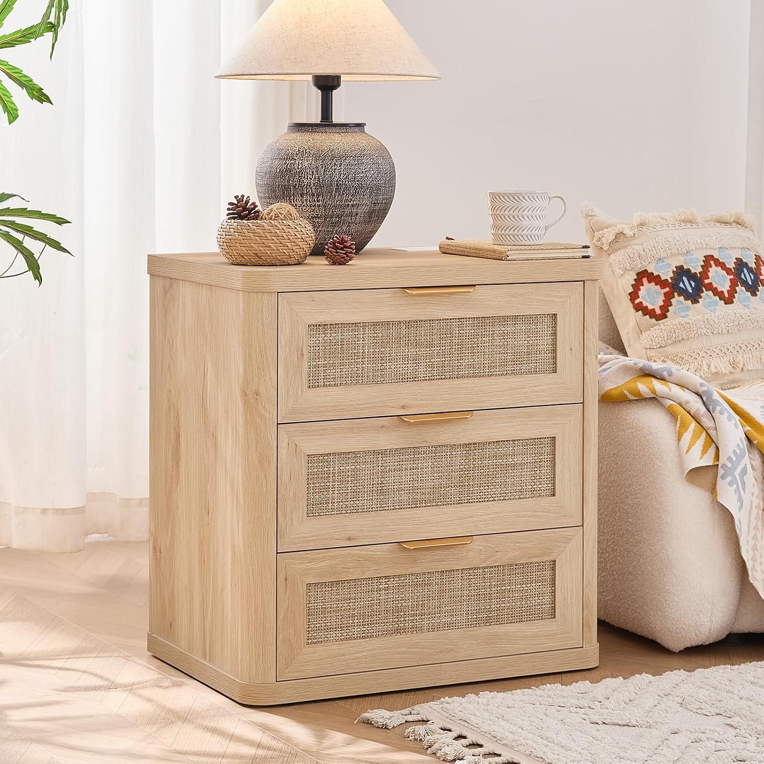 LEYAOYAO Rattan Night Stand with Charger Station, 23' Large 3 Drawer Boho Nightstand, Natural Wood Bedside Table Storage Cabinet, Bed Side End Tables for Bedroom, Living Room, Hallway