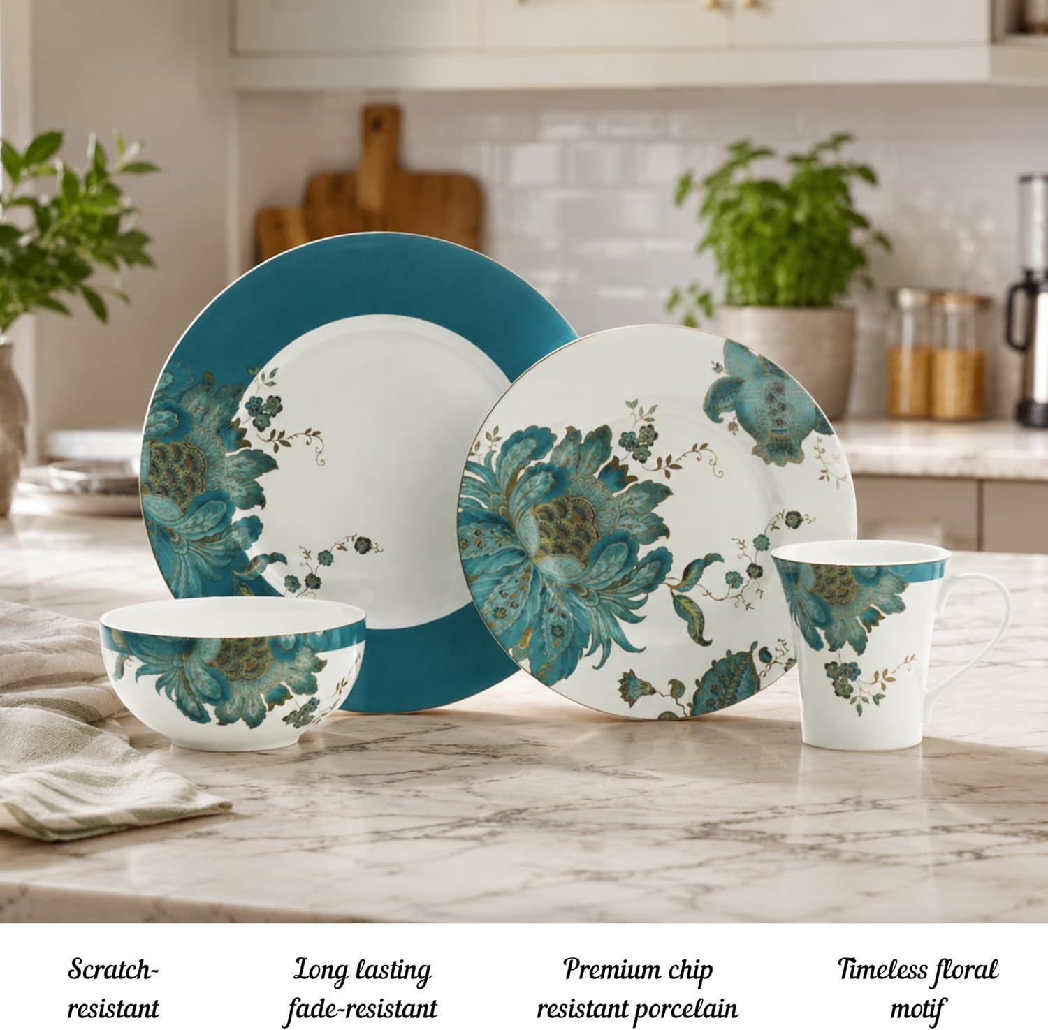 222 Fifth 16-Piece Porcelain Dinnerware Set for 4, Elegant Floral Plates and Bowls Sets-White, Teal, Gold Ceramic Dishes, Chip Resistant Kitchen and Dining Dish Set, Microwave & Dishwasher Safe, Eliza