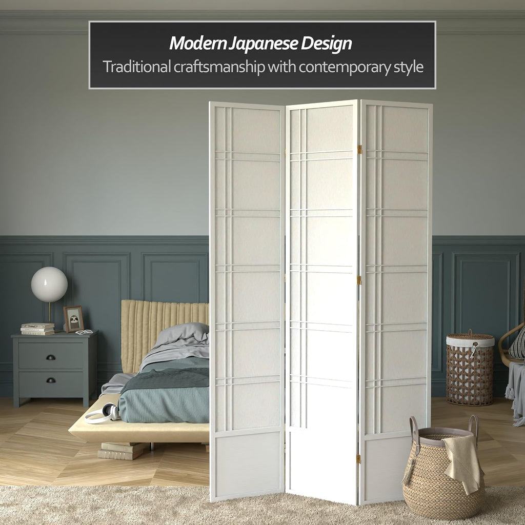 Red Lantern 7 ft. Tall Double Cross Shoji Screen - White - 3 Panels