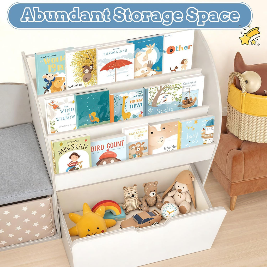 67' Kids Reading Nook with Bench, Children Toy Storage Organizer with Seat Cushion, 6 Storage Cubbies, Movable Drawers,Kid Bookshelf and Bookcase for Playroom, Bedroom, School, Ivory White