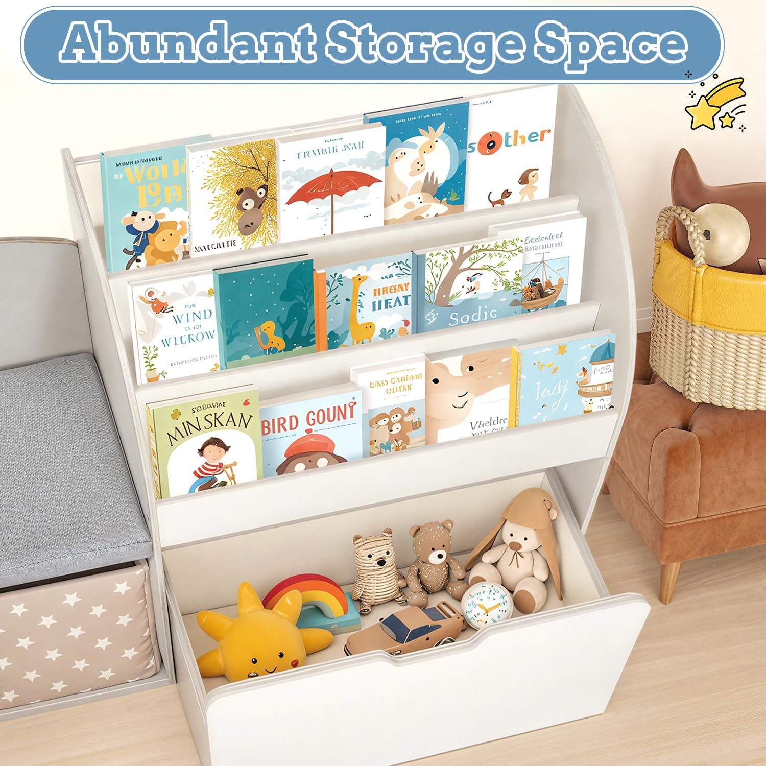 67' Kids Reading Nook with Bench, Children Toy Storage Organizer with Seat Cushion, 6 Storage Cubbies, Movable Drawers,Kid Bookshelf and Bookcase for Playroom, Bedroom, School, Ivory White