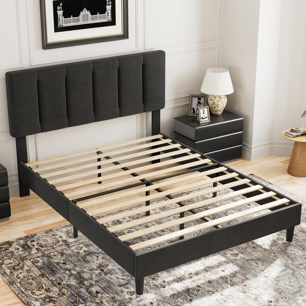 VECELO Full Bed Frame with Upholstered Headboard, Heavy-Duty Platform Bedframe with Strong Wooden Slats Support, No Boxing Spring Needed, Black