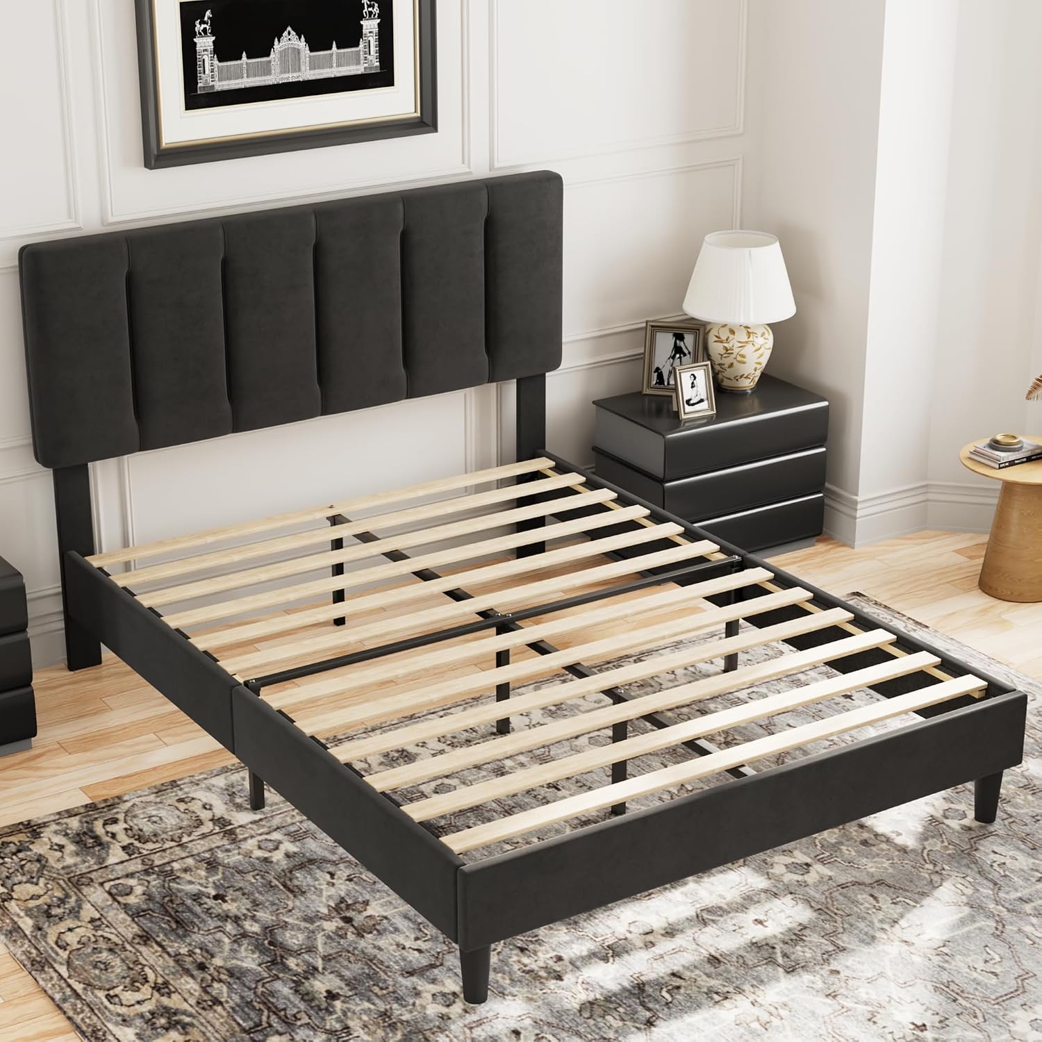 VECELO Full Bed Frame with Upholstered Headboard, Heavy-Duty Platform Bedframe with Strong Wooden Slats Support, No Boxing Spring Needed, Black