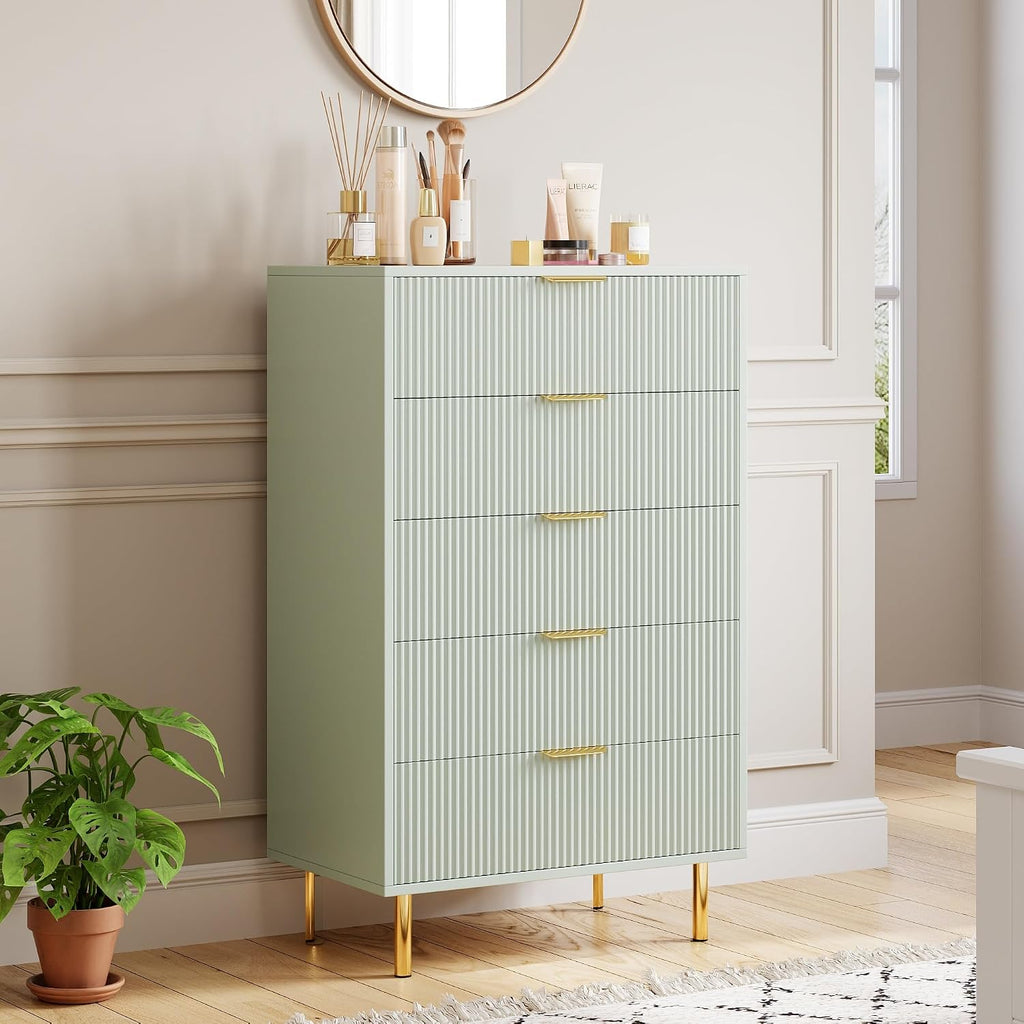 GarveeHome Green Dresser, Modern 5 Drawer Dresser for Bedroom with Gold Handle and Large Drawer, Wood Double Chest of Drawers and Storage Organizer for Living Room, Hallway, Entryway