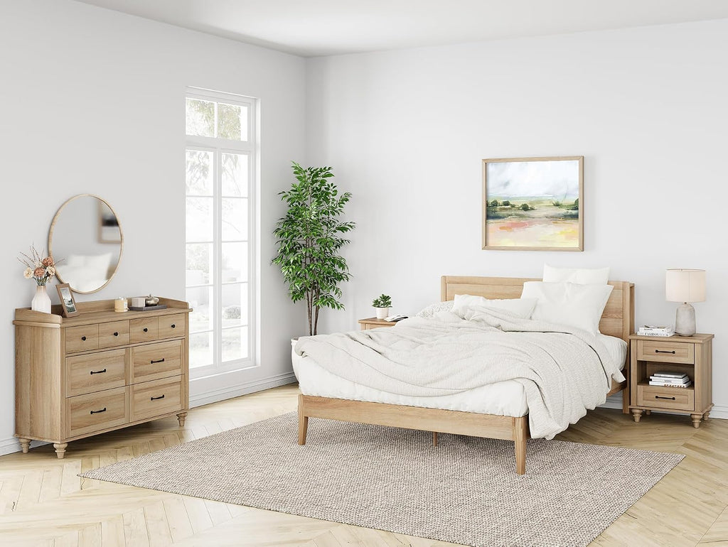WAMPAT 2 Piece Bedroom Set - Includes 6 Drawer Dresser for Bedroom, Farmhouse Nightstand with Charging Station & Drawers & Cubby, 2 Piece Dresser and Nightstand Sets, Oak