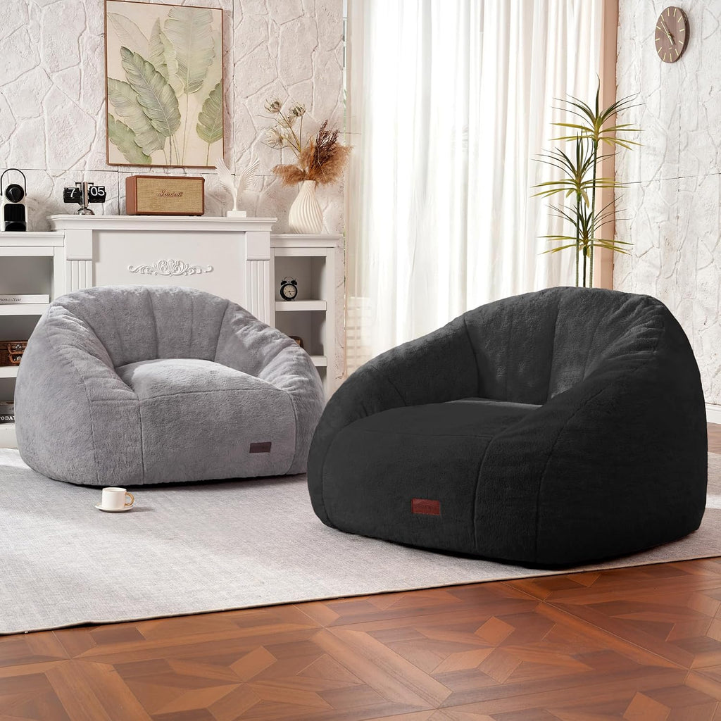HABUTWAY Bean Bag Chair, Giant Bean Bag Chairs for Adults with Ottoman, Comfy Faux Fur Shell-Shaped Bean Bag Couch, Sofa Chair for Living Room, Bedroom, Black