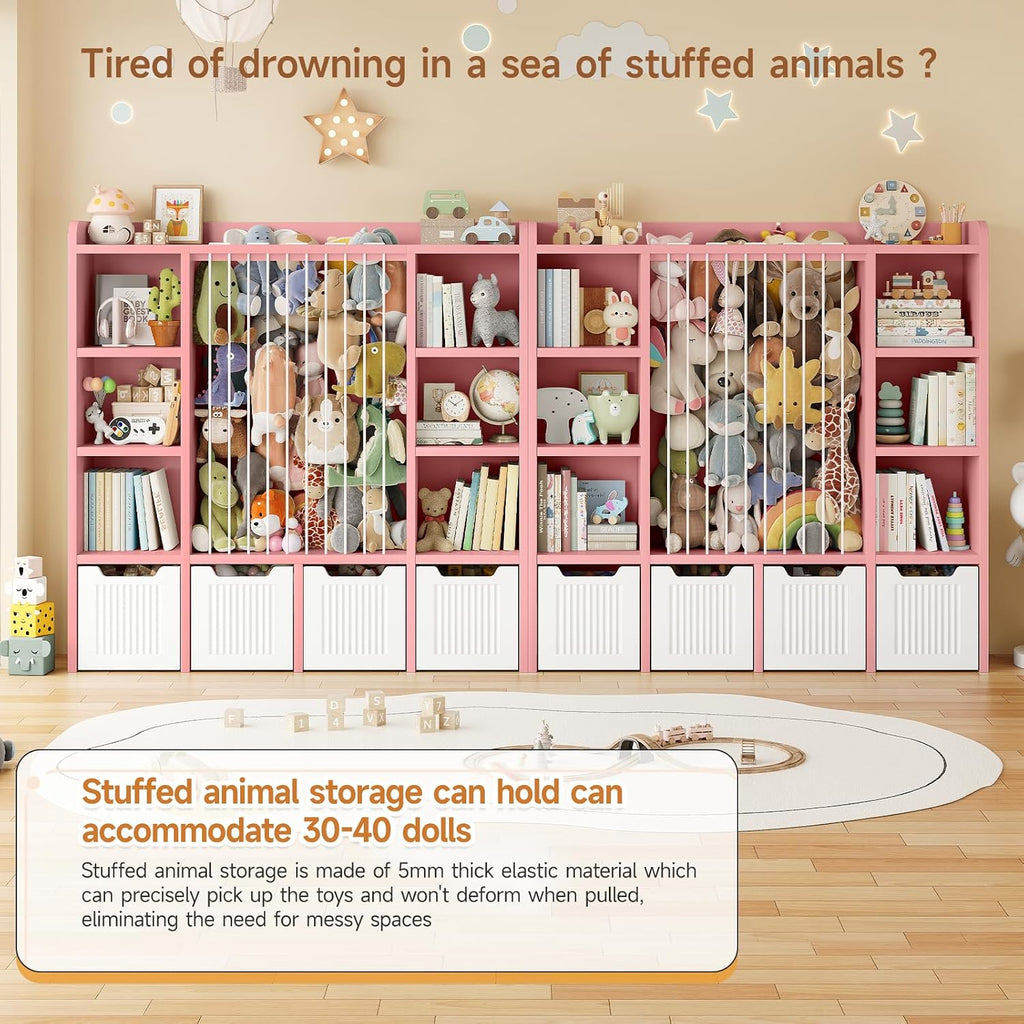 ONBRILL Toy Storage Organizer, Toddler Stuffed Animal Storage, Kids Toy Shelf with 6 Open Cubbies & 4 Movable Toy Chest, Bookshelf for Kids Room Playroom Bedroom Nursery (Pink)