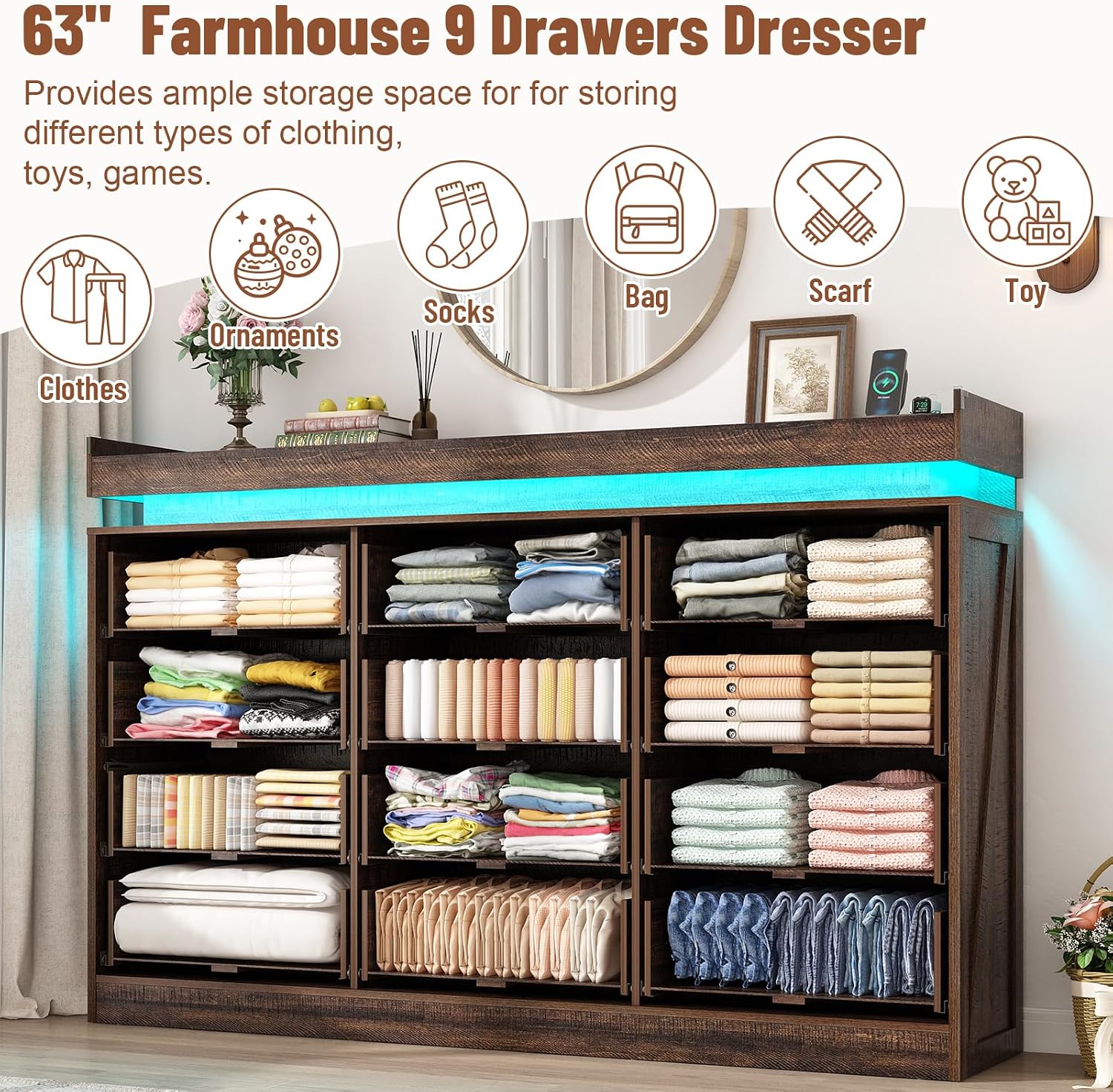 71' Wide 46' Tall Large Farmhouse 12 Drawers Dresser for Bedroom with LED Light and Power Outlets,Wood Rustic 12 Chests of Drawers for Closet,Tall Storage Dresser Organizer for Bedroom(Brown)
