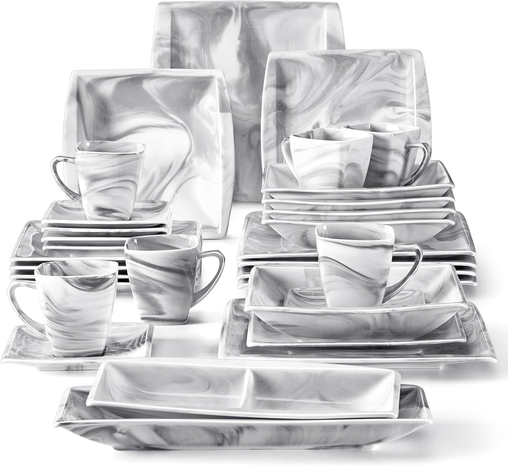 MALACASA Dinnerware Sets, 32 Pieces Porcelain Plates and Bowls Sets for 6, Marble Grey Dishes with Plates and Bowls, Cups and Saucers, Side Dish Plates, Square Dinner Set, Series Blance
