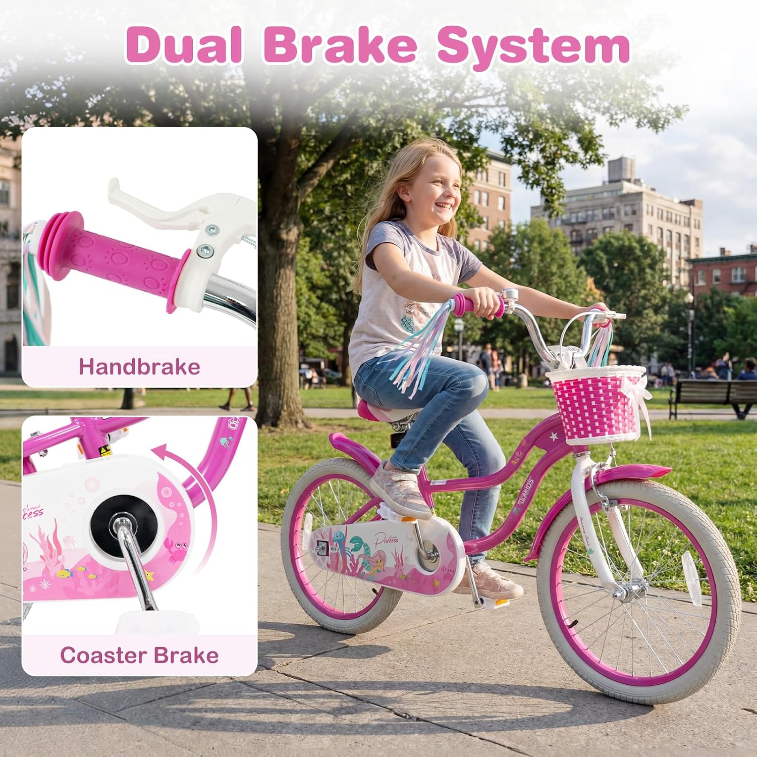 Olakids Kids Bike, 12 14 16 18 20 Inch Mermaid Theme Girls Bicycle with Training Wheels Basket Adjustable Seat and Handlebar Dual Brake