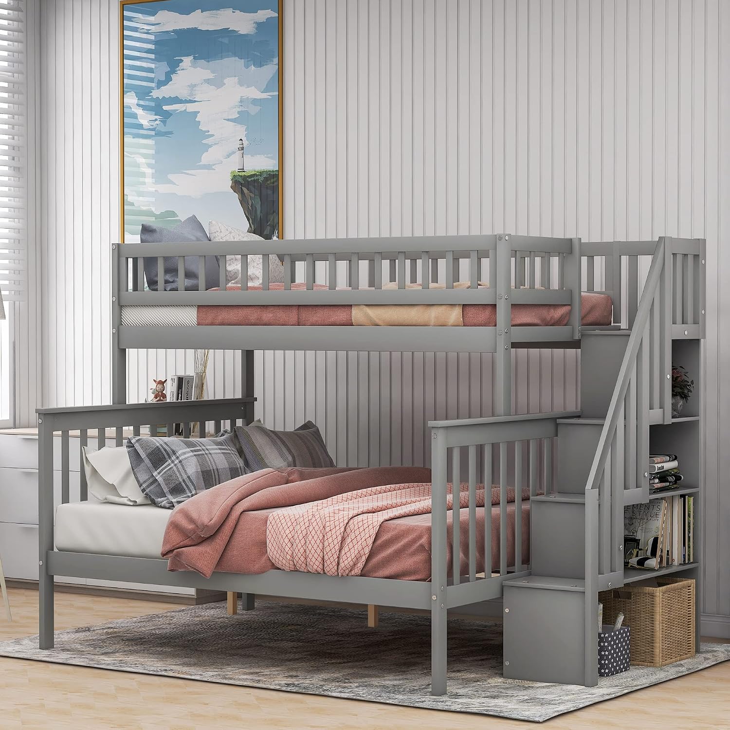 Harper & Bright Designs Wooden Bunk Bed with Stairs Twin Over Full Bunk Bed with Storage and Guard Rail for Kids Teens Adults (Gray)