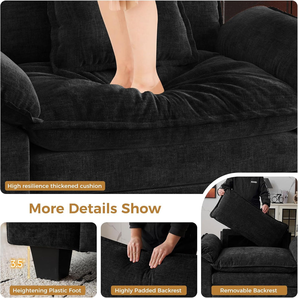 HUSFU Chenille Oversized Accent Chair, Cloud Sofa Chair with Deep Seat and Extra Wide Armrests, Comfy Reading Armchair for Bedroom, Living Room, Black