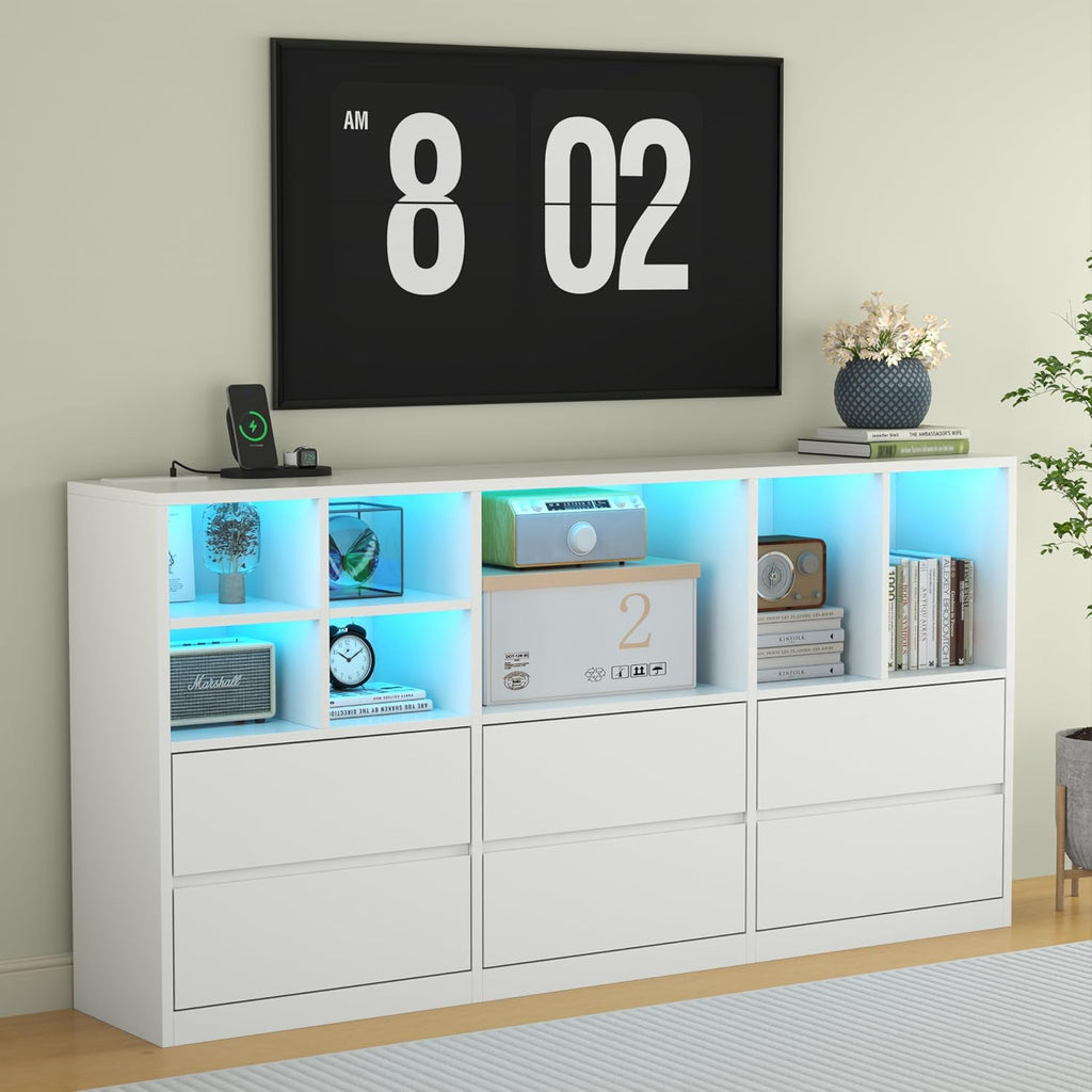 6 Drawers Dresser with 7 Storage Cubbies, LED Chest of Drawers with Power Outlet, 63' Triple Wide Long Dresser Organizer for Bedroom, Modern TV Stand with Open Shelf for Living Room, Entryway (White)