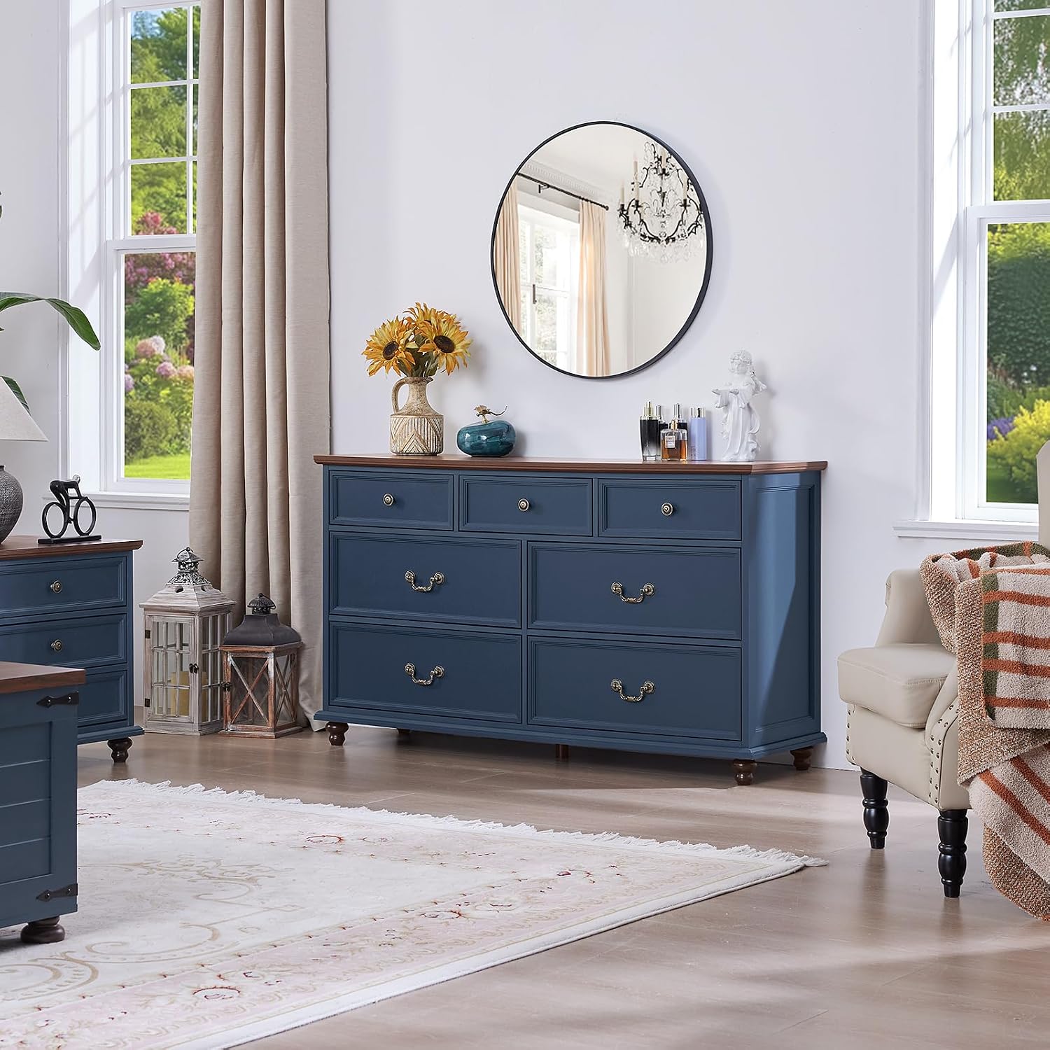 Joaxswe Bedroom Sets, 54' Wide 7 Drawers Dresser and 37' Tall 4 Drawers Dresser, Wooden 2 Piece Bedroom Furniture Set, Chest of Drawer for Bedroom, Home, Living Room, Hallway, Navy Blue