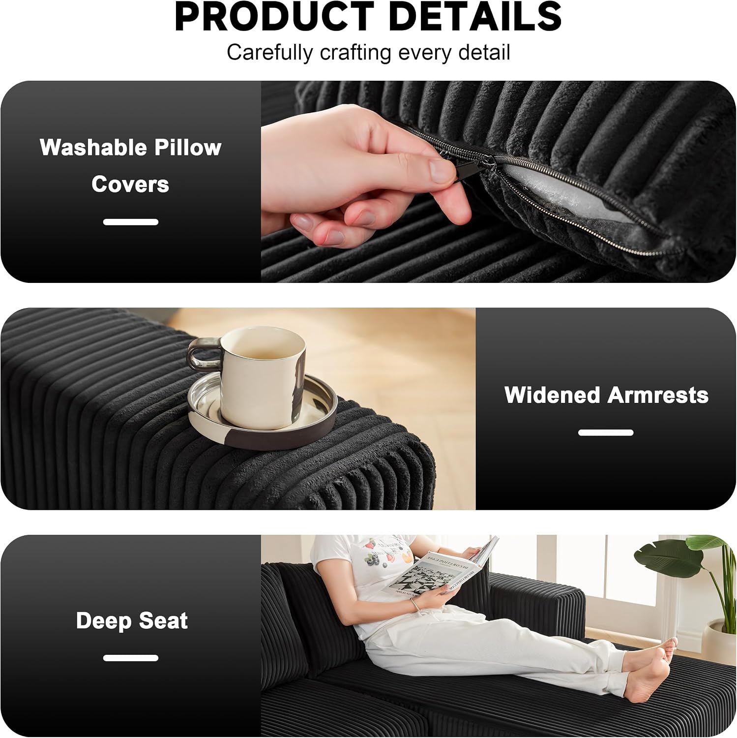 97' Boneless Couches for Living Room, Cloud Couch Sectional with Deep Seat, Comfy Couch with L-Shaped Chaise, Minimalist Upholstered Modular Sectional Sofa, No Assembly (Corduroy,Black)