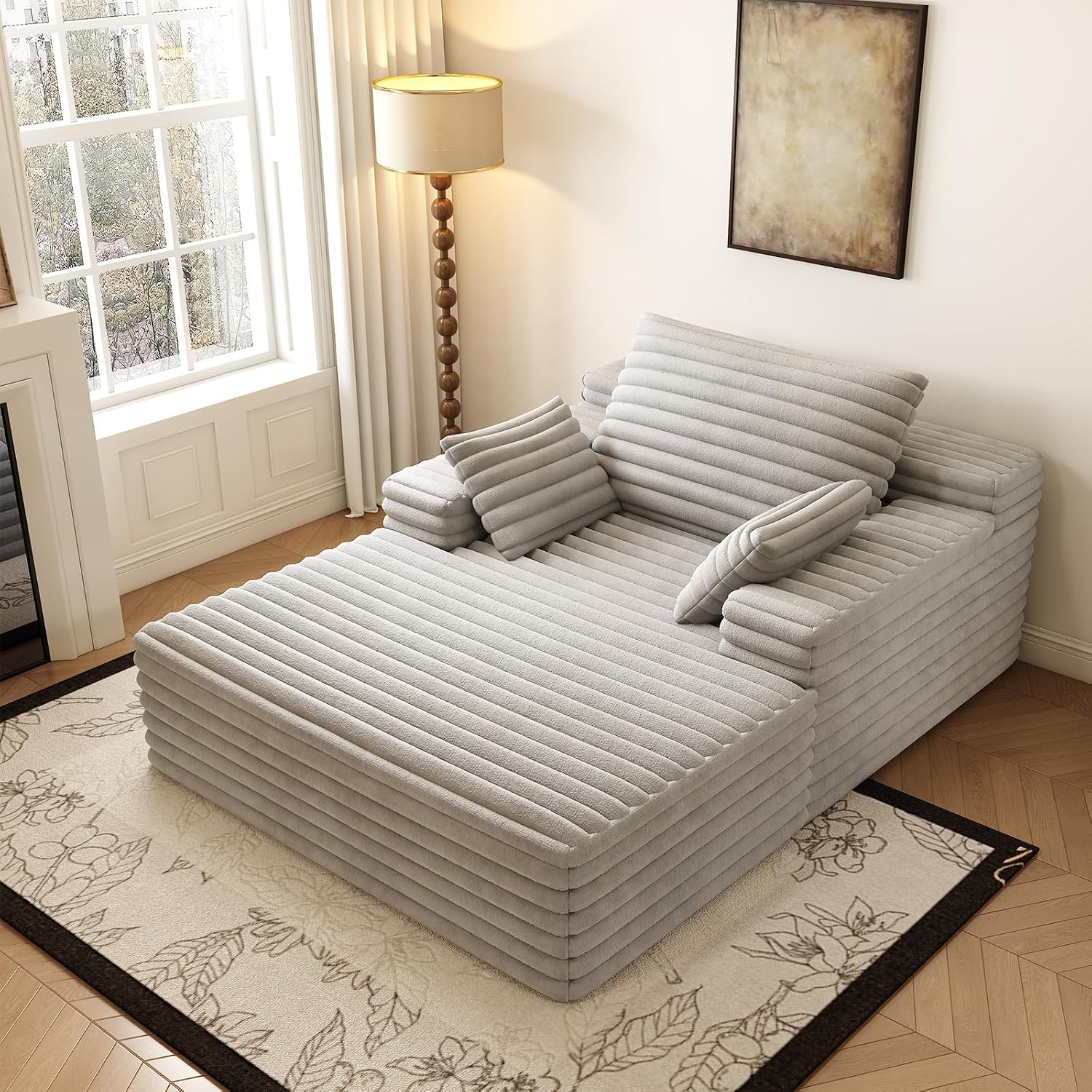 Oversized Chaise Lounge Chair Indoor, 62.6' Cloud Boneless Sleeper Couch Corduroy Upholstered Sofa Bed Deep Seat Comfy Reading Chair with 3 Pillows for Living Room Bedroom, Grey