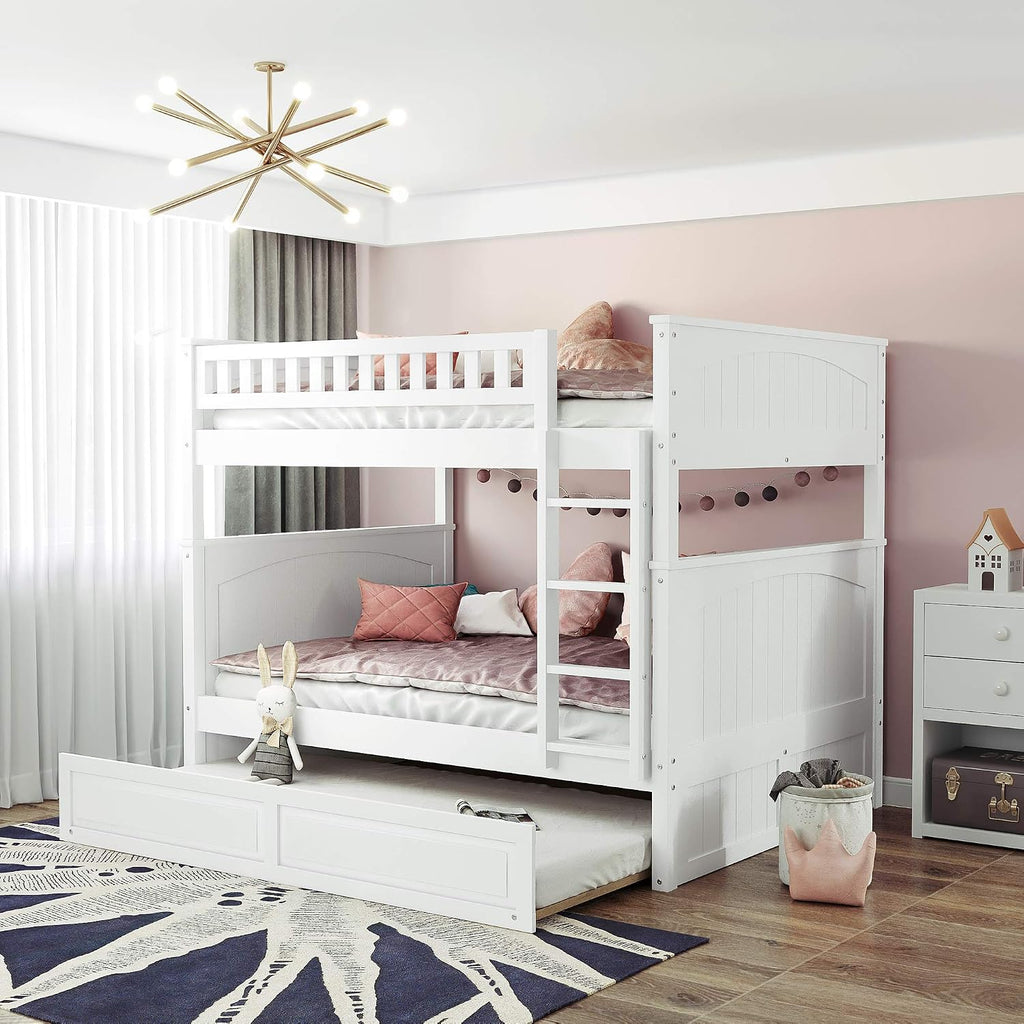 SOFTSEA Full Over Full Bunk Bed with Trundle for 3, Wood Bunk Beds with Trundle for Kids Teens, Divided Into Two Separate Full Beds, Space Saving, No Box Spring Needed, White