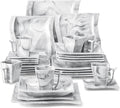 MALACASA Plates and Bowls Sets, 30 Piece Porcelain Dinnerware Sets for 6, Square Dinnerware Set with Dinner Plate, Dessert Plate, Soup Plate, Cup and Saucer, Modern Dish Set, Marble Grey, Series Flora