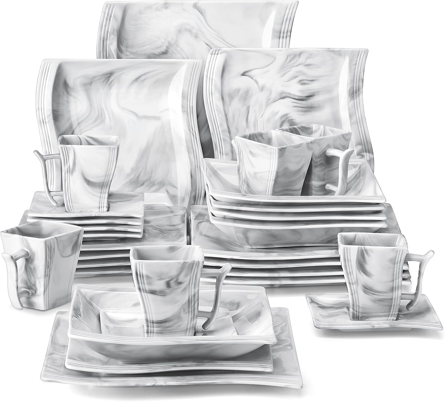 MALACASA Plates and Bowls Sets, 30 Piece Porcelain Dinnerware Sets for 6, Square Dinnerware Set with Dinner Plate, Dessert Plate, Soup Plate, Cup and Saucer, Modern Dish Set, Marble Grey, Series Flora