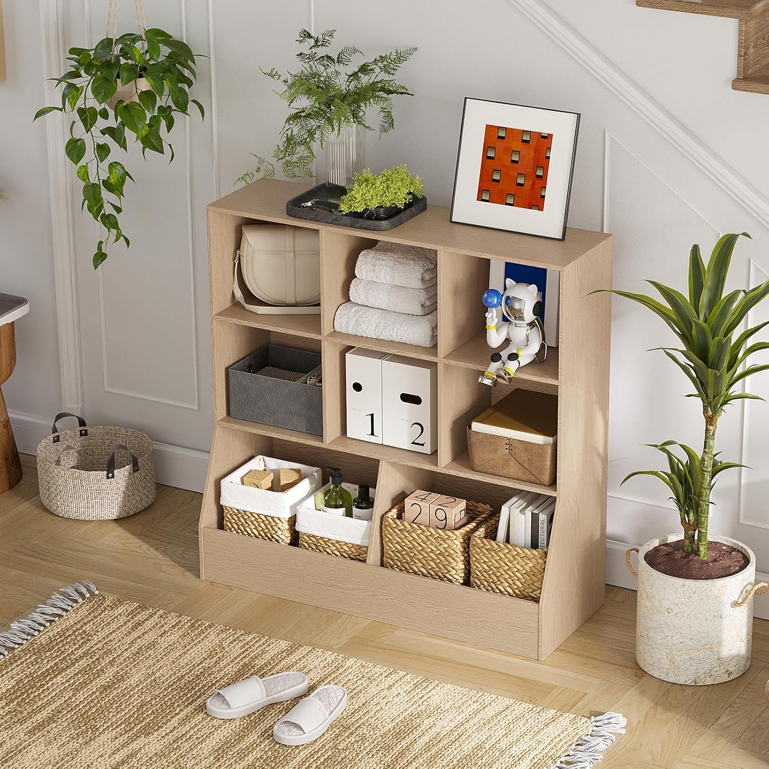 DINZI LVJ Toy Storage Organizer, Kids Bookshelf, Wood Toy Storage Cabinet, 3-Tier 8 Cubby Children Bookcase, 39.4' L Toddler Book Shelf for Playroom, Living Room, Nursery, Hallway, Classroom, Natural