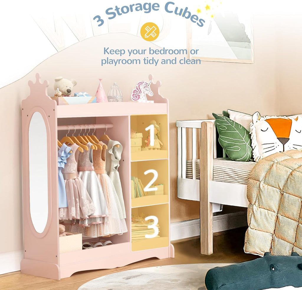 Curipeer Kids Dress up Storage with Mirror, Kids Wardrobe with Storage & 3 Hooks, Kids Closet for Girls Boys, Kids Costume Organizer, Open Hanging Armoire Wardrobe Closet for Bedroom, Pink