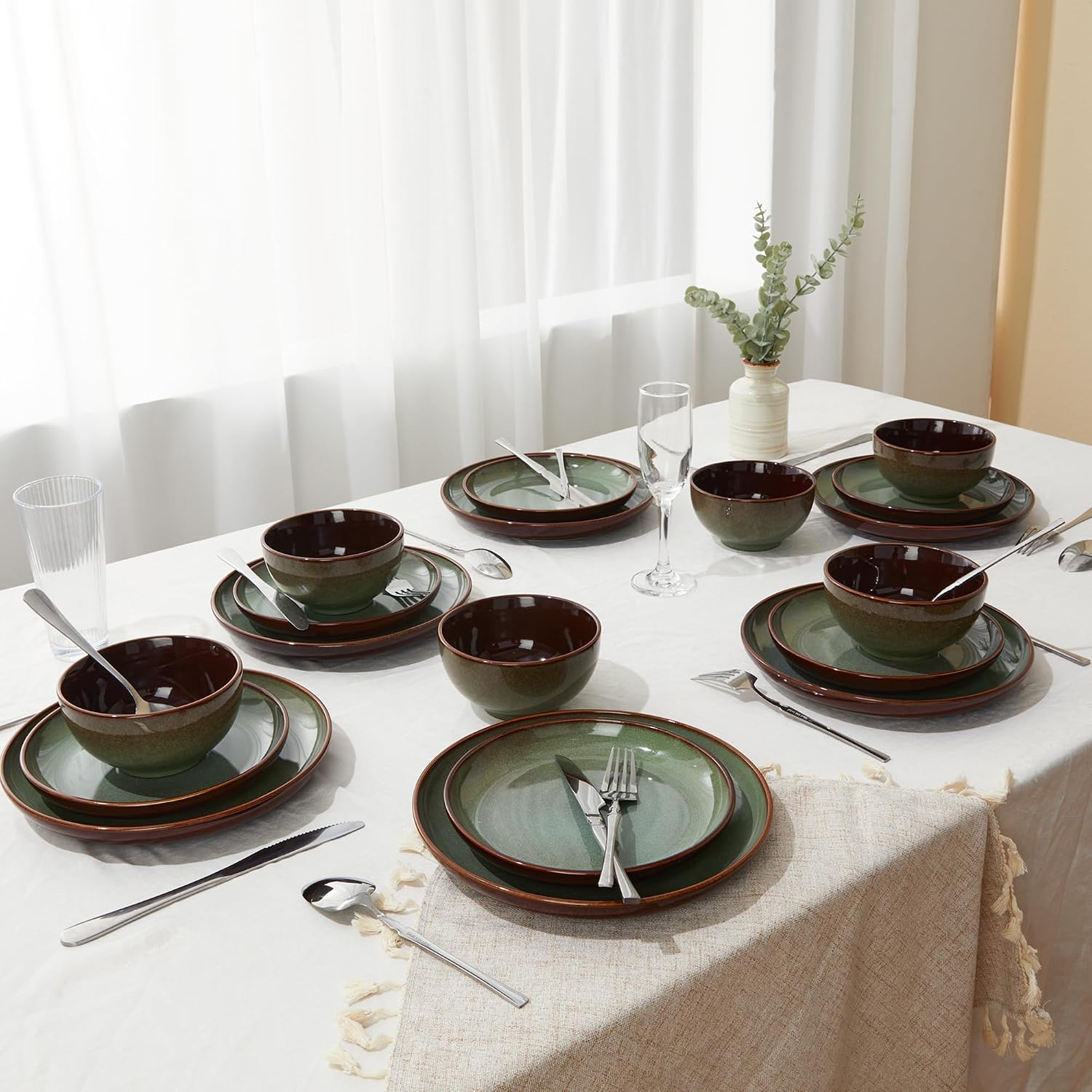 Pokini 32 Piece Double Bowl Dinnerware Sets with Pasta Bowls, Highly Chip and Crack Resistant Plates and Bowls Sets, Natural Earthyware Ceramic Dishware Sets, Service for 8 Sage Green