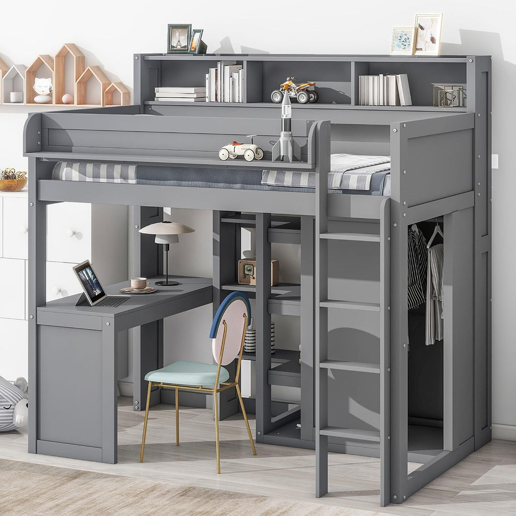 Wood Twin Size Loft Bed with Storage Shelves and Wardrobe,Bedroom Multifunctional Bed Frame w/Integrated Ladder/Full-Length Guardrails/3 Cabinets,for Kid Boy Girl Teen,Grey