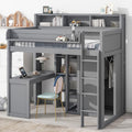 Wood Twin Size Loft Bed with Storage Shelves and Wardrobe,Bedroom Multifunctional Bed Frame w/Integrated Ladder/Full-Length Guardrails/3 Cabinets,for Kid Boy Girl Teen,Grey