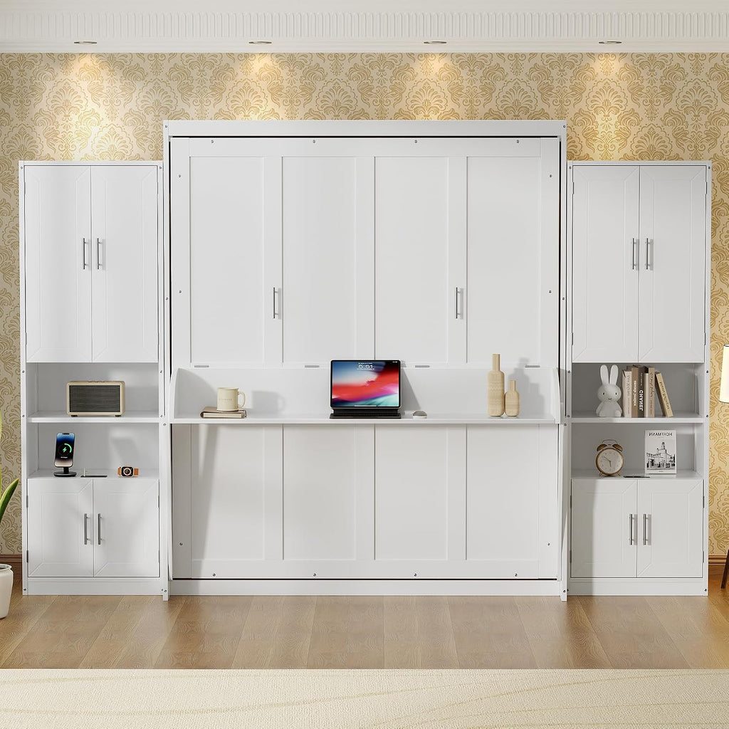 PVWIIK Queen Size Murphy Bed with Storage Drawers & Desk,Wall Bed Frame Folding into Cabinet Design w/Charging Station & Storage Shelf for Small Space,Bedroom,Guest Room,White