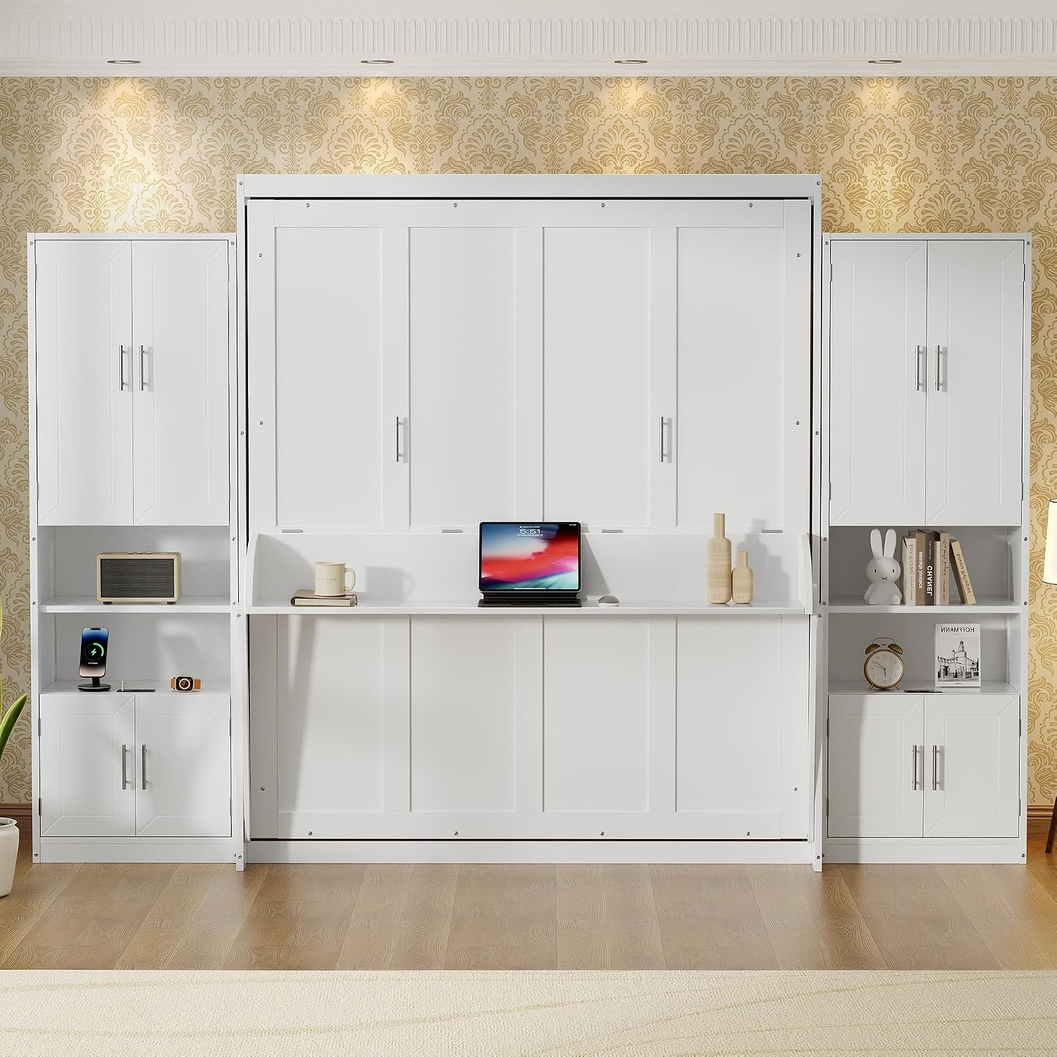 PVWIIK Queen Size Murphy Bed with Storage Drawers & Desk,Wall Bed Frame Folding into Cabinet Design w/Charging Station & Storage Shelf for Small Space,Bedroom,Guest Room,White