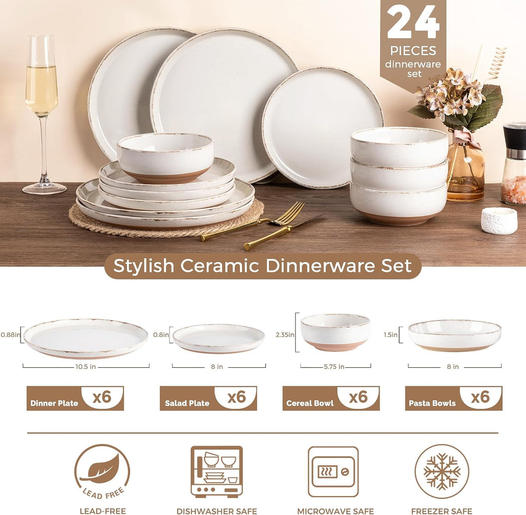 AmorArc Dinnerware Sets with Pasta Bowls for 6, Handpainted Stoneware Plates and Bowls Set with Rustic Terracotta Underside, Scratch Resistant Dishes Set, Dishwasher & Microwave Safe, 24 Pcs