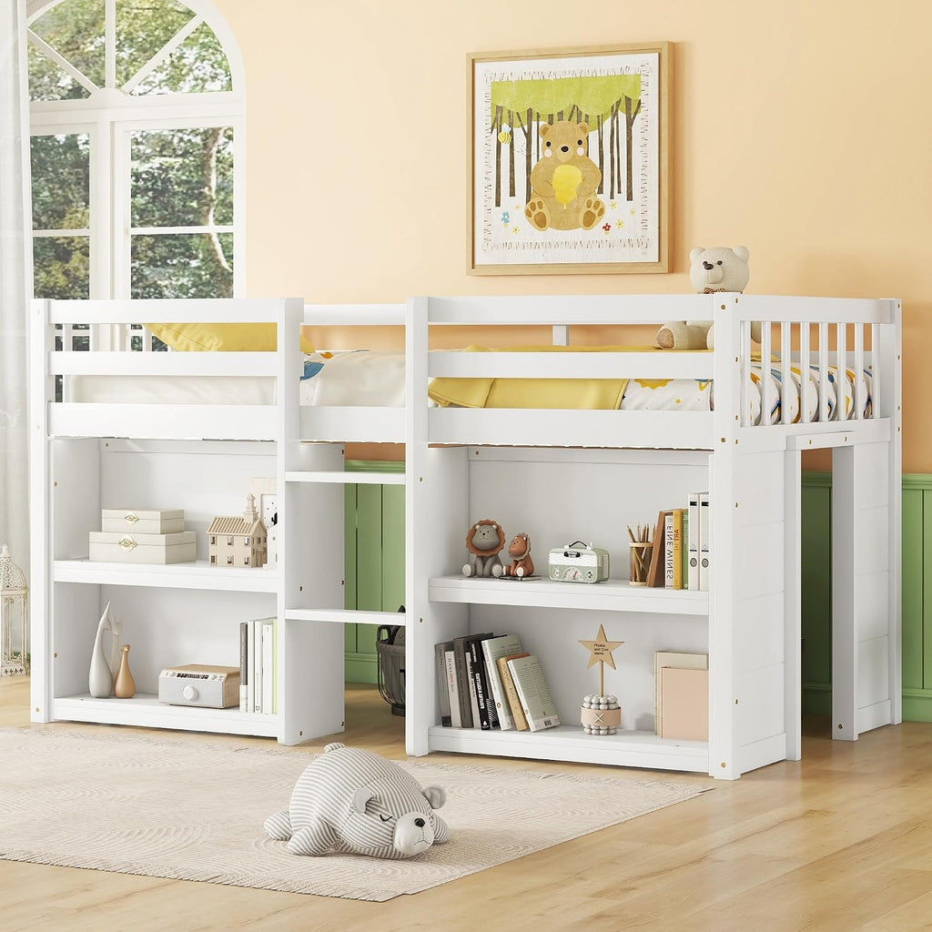 Twin Size Low Loft Bed with Two-Tier Shelves, Multifunction Wood Loft Bed Frame with Built-in Stairs, Storage Underneath, Sturdy Slats Support, Space Saving Loft Bed for Kids Boys Girls (White * 01)