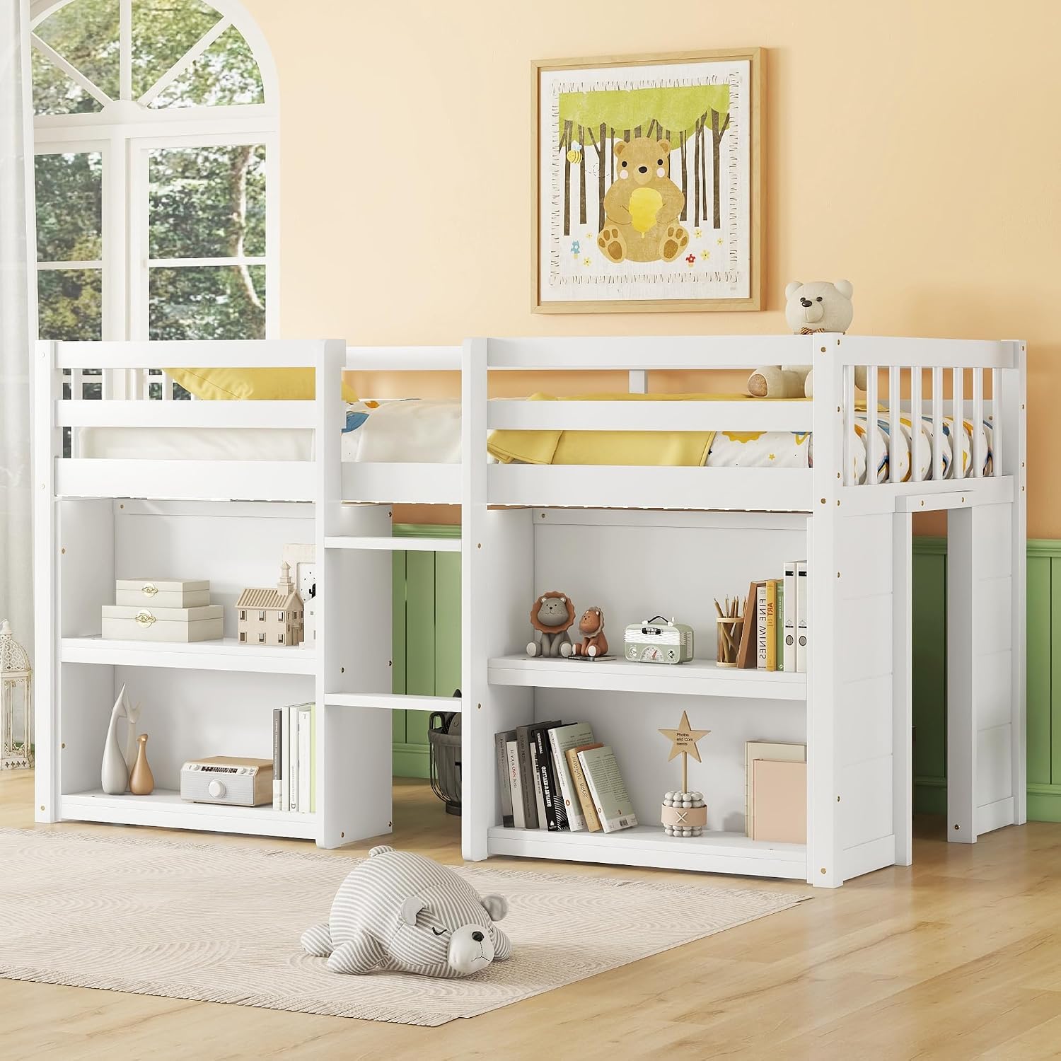 Twin Size Low Loft Bed with Two-Tier Shelves, Multifunction Wood Loft Bed Frame with Built-in Stairs, Storage Underneath, Sturdy Slats Support, Space Saving Loft Bed for Kids Boys Girls (White * 01)