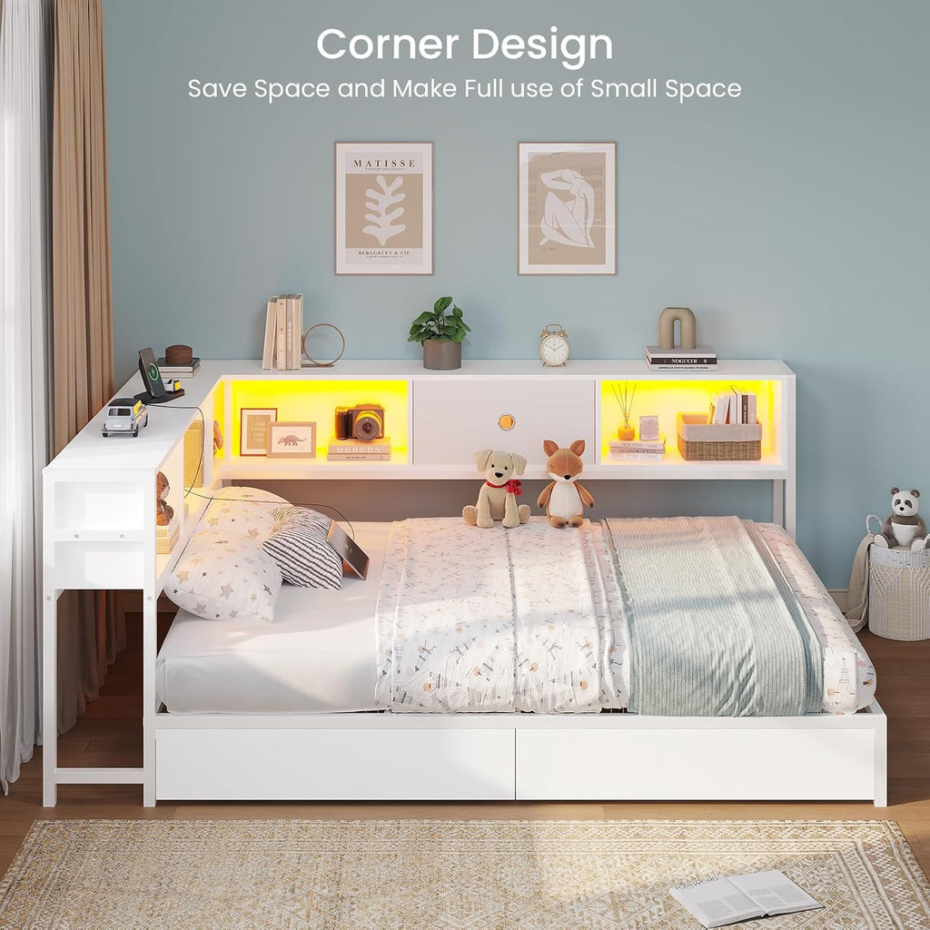 DICTAC Full Corner Bed Frame with Storage Drawers,Bookcase Headboard and Charging Station Full Size Metal Platform Corner Bed Frame with Storage and Led Lights Full Size Daybed for Teen Adult,White