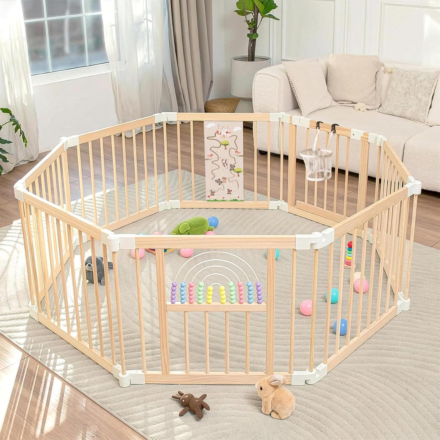 Ulnxiy Wooden Baby Playpen with Montessori Toys, 8-Panel Foldable Wood Play Yard for Toddlers, 56'x56' Large Baby Fence with Safety Lock, CPC Certified Natural Pine Wood Activity Center