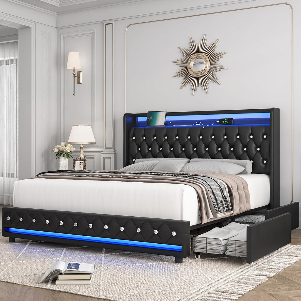 HIFIT Queen LED Bed Frame with Charging Station and 4 Storage Drawers, PU Upholstered Platform Bed with Handcrafted Crystal Button Wingback Headboard, Metal Frame with No Box Spring Needed, Black