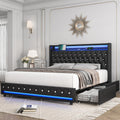 HIFIT Queen LED Bed Frame with Charging Station and 4 Storage Drawers, PU Upholstered Platform Bed with Handcrafted Crystal Button Wingback Headboard, Metal Frame with No Box Spring Needed, Black