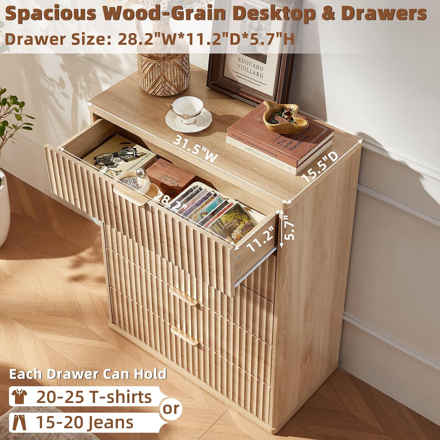 LEYAOYAO Fluted 5 Drawers Dresser for Bedroom, 41' Tall Modern Chest of Drawers with Metal Handle, Curved Profile Farmhouse Closet Organizer Wood Dressers TV Stand for Living Room, Natural